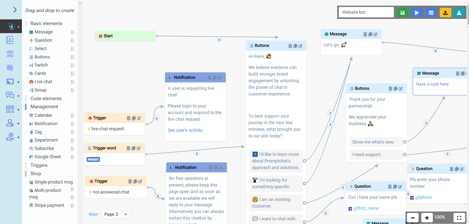 Create chatbots via drag & drop in a visual editor